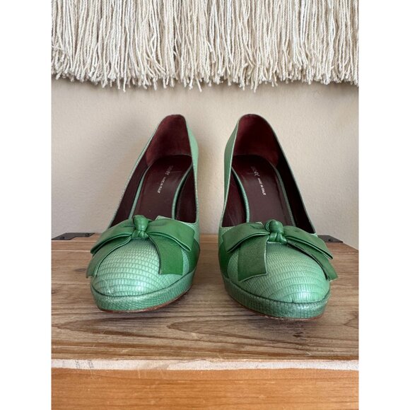 Vintage DKNY Artemisia Made in Italy Green Leather Bow Platform Pumps Size 8.5 - Picture 3 of 15